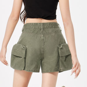 QIAOMIDUO | Summer Workwear Style Green Denim Shorts Womens High Waist Wide Leg Pocket Super Short Pants Casual Thin Cotton Spring Summer