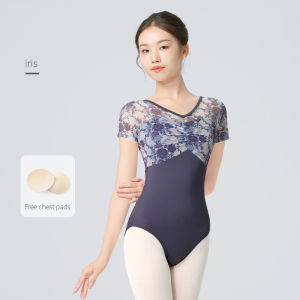 daydance | Women Ballet Leotards Printed Mesh Ballet Dance Leotards False Two-piece Short Sleeve Ballet Dance Gymnastics Bodysuit for Adult