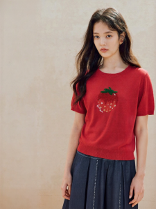 INMAN | Linen Lyocell Fruit Embroidery Lightweight Knitted Short Sleeve Top