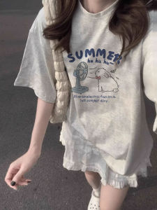 Grey Pure Cotton Short Sleeve T-Shirt Womens Loose Oversize American Style Summer Top Breathable Comfortable Crew Neck Print Clothes