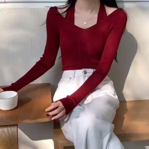 Womens knitted halterneck top solid color leisure one-neck long-sleeved T-shirt