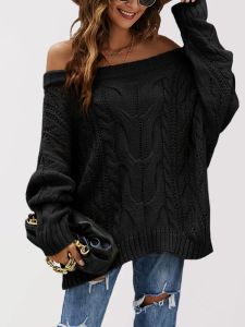 Autumn Winter Women Knit Cable Elegant Sweater Loose Fashion Hollow Out Pullover Jumper Casual Slash Neck Off Shoulder Clothing