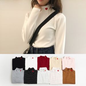 เสื้อยืดคอกลมแขนยาวผ้าฝ้ายปักลายรูปหัวใจสำหรับผู้หญิง ฤดูใบไม้ร่วง 2025 เสื้อเชิ้ตทรงเข้ารูปสไตล์เกาหลี ทรงเข้ารูป ลายทาง สีพื้น