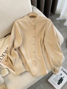 Autumn and Winter Micro Thick Long Sleeves Shirt Womens Preppy Style Stand Collar Tops Casual Loose Commuters All-Matching Lantern Sleeve Shirt