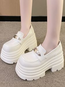 Spring 2025 Womens Thick Bottom Flats Mary Janes Increased Height Shoes Korean Style round Toe Deep Mouth Slip-On Casual Loafers