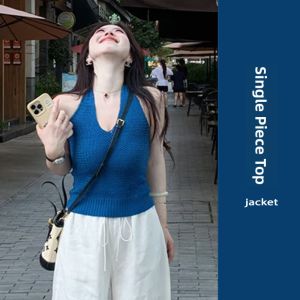 YUEZHONGWEI | Blue V-Neck Ice Silk Knitted Strap Vest Women Summer Outdoor Wear Slimming Short Sleeveless Top Fashionable Commute Style