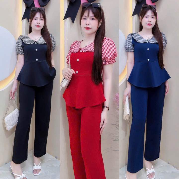 Đồ bộ Nữ BigSiZe 50-95kg -bộ cổ sen tay phòng phối caro chất liệu thun poly co giãn 4 chiều mặc thoải mái lắm luôn ạ