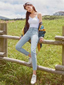 Light Blue High Waist Straight Leg Jeans Womens Spring Autumn New Style Slimming Lengthening Nine Tube Pants Cotton Stretch Denim