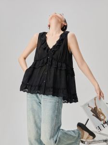 GULILI | Korean Style Black Lace and Ruffle Sleeveless Top for Women