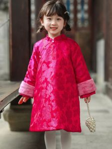 Winter Childrens Cheongsam Coat Traditional Chinese New Year Clothing Long Cotton Jacket Girls Hanfu Outerwear Poly Fiber