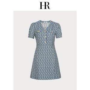 HR | HR Elegant V-neck Dress Commute Fashion Workwear Short Skirt Summer New Arrival Printed A-line Skirt Polyester Fiber Short Sleeve