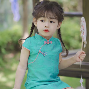 Elegant Girls Cheongsam Summer New Style Baby Trendy Skirt Childrens Hanfu Floral Print V-Neck Sleeveless Dress