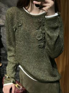 YUFUQING | Elegant Green Knitted Sweater Womens Round Neck 3D Flower Design Early Autumn New Style Lazy Fashion Commute Season Ladies Wear