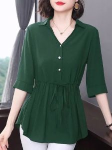 Summer New Short Sleeve Womens Shirt Fashionable Chiffon Waist Cinching Top plus Size Midi Length Elegant And Beautiful