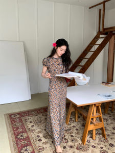 Floral Paint Printed Puff Sleeve Romantic Retro Style Long Dress