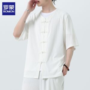 Romon Mens Short Sleeve Shirt Thin Retro Button Hanfu Five Sleeve New Chinese Style Summer Casual Loose Fit Polyester Fiber