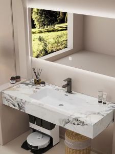 Modern Minimalist Bathroom Sink Ceramic Rock Board Integrated Basin Waterproof Fog Proof Storage Lighting Vanity Countertop