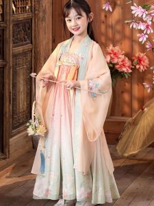 Traditional Chinese Hanfu Girls Winter Dress Tang Suit Dance Performance Clothes Ancient Chinese Style Floral Long Sleeve U Neck