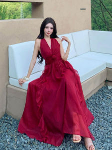 Elegant V-neck Halter Dress Beach Style Red Chiffon Long Skirt Unique Sister Style Mid-waist A-line Dress for Women