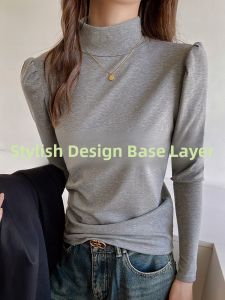 MiiOW | Cat Lady Bubble Sleeve T-Shirt Womens Long Sleeve Half High Collar Base Shirt Autumn Winter Inner Wear Slim Fit Daily Wear