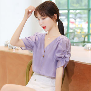 WANGGONGZHU | Sweet Style Womens Chiffon Shirt Short Sleeve V-Neck Loose Fit Age-Defying Summer Fashionable Top Versatile Casual Wear