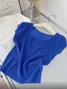 Klein Blue Silk Square Collar Short Sleeve Knitted Shirt Womens Summer Thin Top Hangzhou Seasonal High End Fashion