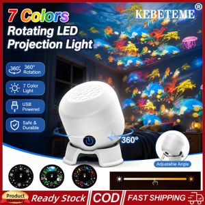 KEBETEME 360° Rotating LED Projection Night Light with 3 Films 7 Color Adjustable Brightness USB Powered Ocean Animal Starry Sky Projector Lamp for Kids Bedroom Decor Gift