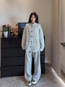 JIARONG | New Chinese Style Grey Buttoned Sweatshirt Set Martial Arts Outfit