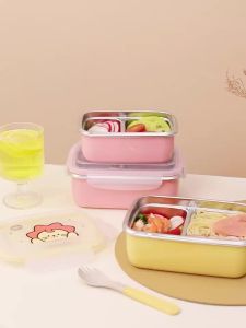 WORTHBUY | Hộp Cơm Trưa Bằng Thép Không Gỉ 304 Chia Ngăn Cho Trẻ Em Và Học Sinh 2 Ngăn Chống Rò Rỉ Họa Tiết Hoạt Hình An Toàn Với Lò Vi Sóng Kèm Thìa