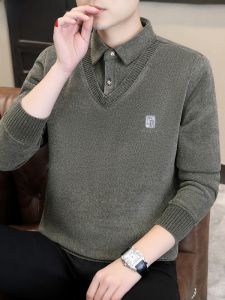 HENGYUANXIANG | Áo len dệt kim dày ấm áp cổ bẻ thời trang mùa đông cho nam Áo sơ mi lót lông cừu giả hai mảnh thường ngày
