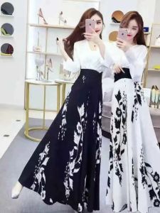 Summer Fashion High Waist Wide Leg Pants Womens Print Casual Trousers Korean Style Slimming Long Skirt Pants