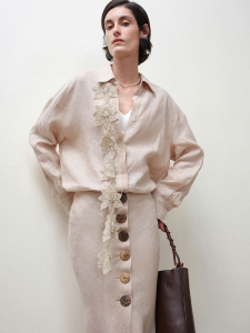 French Lace Trim Linen Shirt Women Summer New Loose Shape Slimming Top INFFTRU Pure Color Long Sleeve Turn-down Collar Shirt