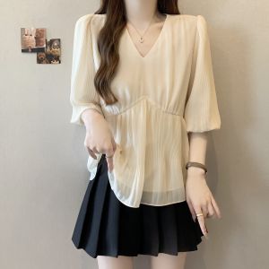 AIYITI | Slimming Waist Tying Black V-Neck Short Sleeve Blouse