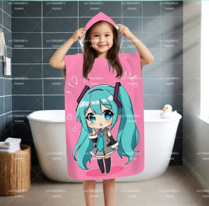 Bandai | Parent-Child Chibi Hatsune Miku Hooded Beach Towel Pink Quick Dry Absorbent Bath Robe for Adult Kids