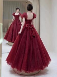 French Style Wedding Dress Womens Wine Red Marriage Engagement Party Long Skirt Princess Feel Escape Bride Gown