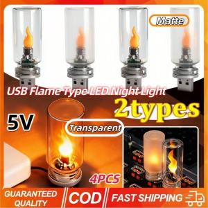 KEBIDU 4PCS USB Flame Type LED Night Light 5V Frosted Clear Glass Flickering Candle Night Light Simulated Flame for Car Home Atmosphere Lighting Laptop Festival Decoration