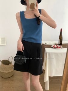 Retro Square Collar Ice Silk Knitted Vest Womens Solid Color Short Style Can Be Worn as an under Shirt Or Outerwear with Thick Straps
