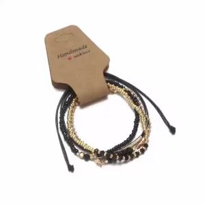 4Pcs Black Glass Stone Bracelet Set Gold & Silver Tone Braided Rope Beaded Chain Wrap Bangle Trendy Fashion Jewelry for Women