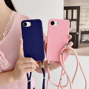 Crossbody Lanyard Cord Liquid Silicone Soft Case For iPhone 16e Air 17 16 15 14 13 12 Pro Max Matte Strap Shockproof Candy Cover