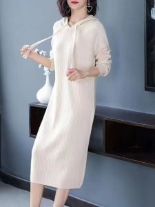 Womens Long Knitted Dress Hoodie Loose Fit Inner Wear Autumn Winter New Style Fleece Lined Dress Commute Style Korean Loose Type