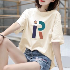 Cotton round Neck Short Sleeve T-Shirt Womens Loose Fit Mid-Length Half Sleeve Summer Casual Print Top in Apricot Color