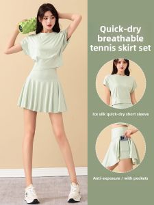 Womens Badminton Sportswear Set Summer New Loose Short Sleeve Fitness Running Clothes Quick Dry Tennis Short Skirt