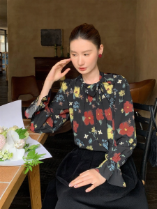 XXNING | Áo Sơ Mi Elegante Hoa Văn Tranh Dầu Vintage Pháp