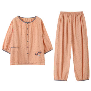 Miiow | Pure Cotton Summer Sleepwear Set Casual Lightweight Woven Cotton Home Clothes For Women Breathable Comfortable Round Neck Short Sleeve