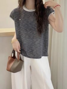 YUEZHONGWEI | Color Block Striped Ice Silk Knitted Short Sleeve T Shirt Women Summer New Style Slim Fit Top Commute Style Korean Version