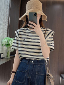 Korean Striped Short Sleeve T-Shirt Womens Loose Fashionable Slimming Stylish Summer New Arrival round Neck Top