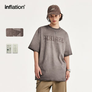 INFLATION brand 2024 Summer New Gradient Spray Dyed Old Wash T-shirt American Retro Crack Print Trendy Brand Loose Short Sleeves