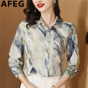 AFEG Korean shirt collar fashion loose temperament printed chiffon long sleeve blouse for women