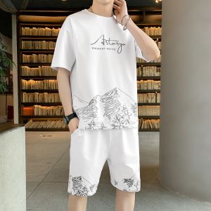 ROMON | Romon Summer Sportswear Set Ice Silk Loose Thin Short Sleeve T-shirt Shorts Trendy Youth Polyester Fiber Five-Quarter Pants