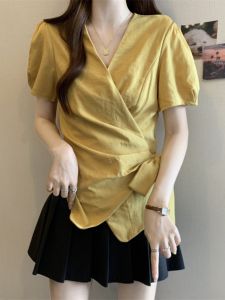 Yellow Crisscross V-neck Slimming Tied Waist Plus Size Blouse Short Sleeve Shirt